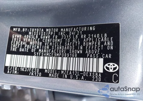 2021 Toyota Corolla Se из США, поврежденный, VIN 5YFS4MCE9MP089168